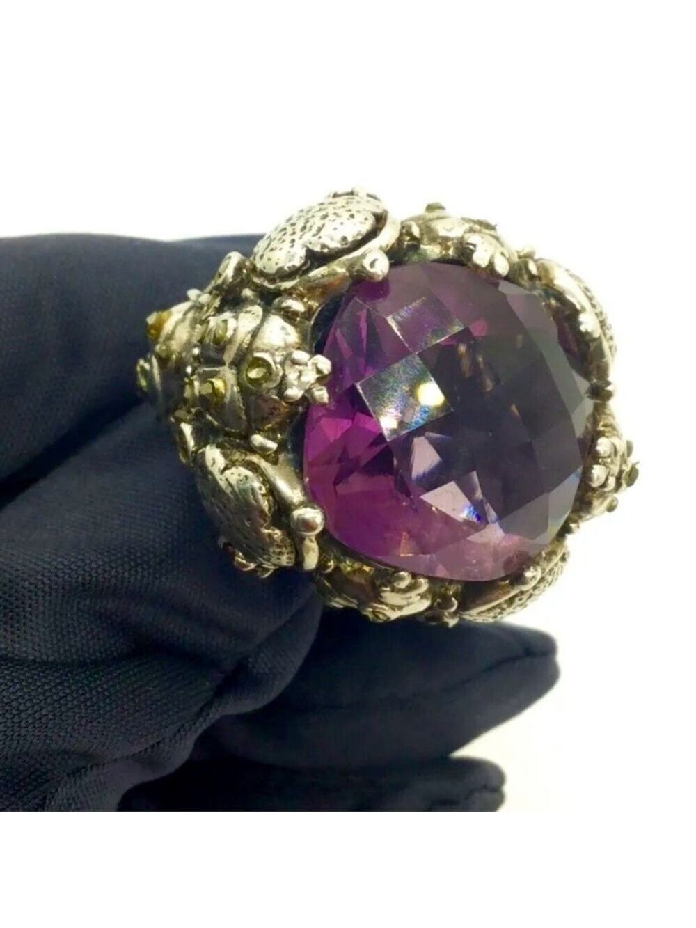 LADYBUGS INSECT CLUSTER RING WITH FACETED PURPLE CUSHION QUARTZ STERLING…